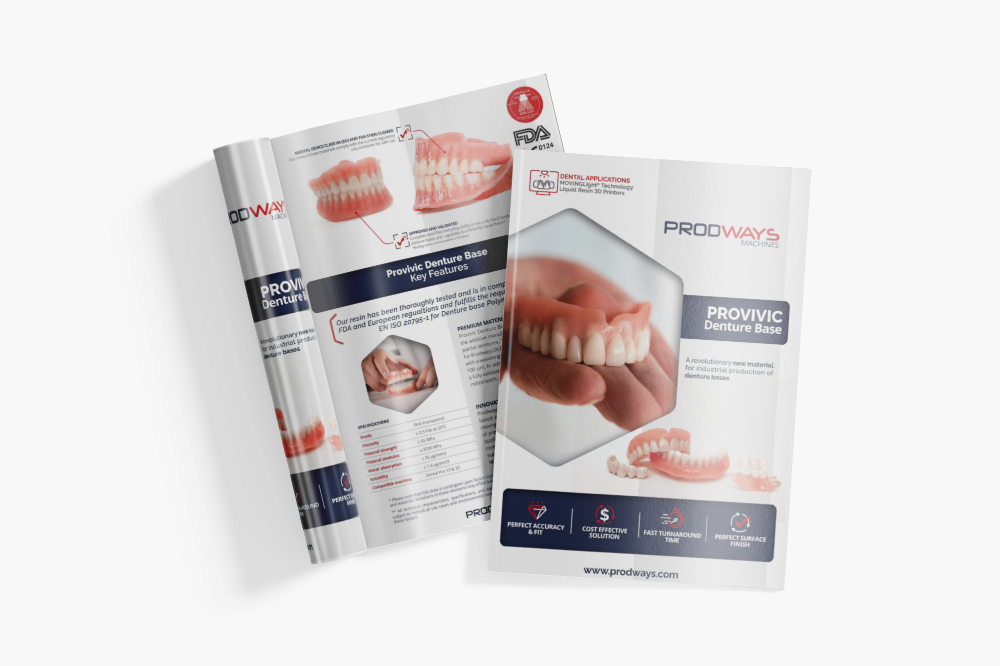 Provivic Denture Base datasheet highlighting technical specifications and material properties for 3D printing full and partial denture bases.